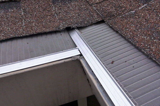 Close-up view of a house roof with shingles and metal mesh Gutterglove gutter guards featuring RiserStep Technology installed along the edge to prevent debris from entering the gutters.