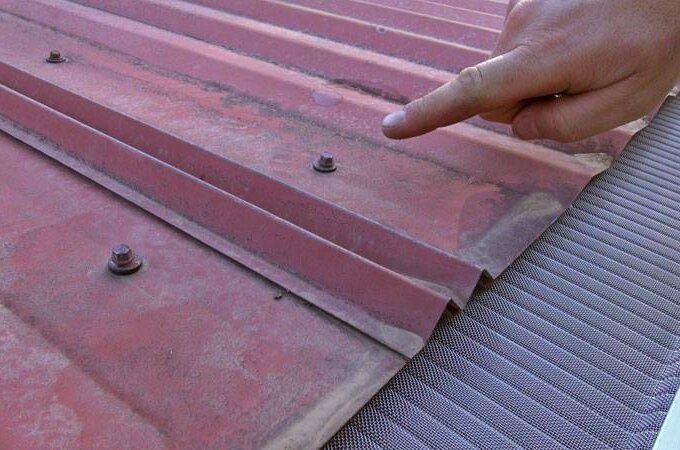A hand points to a rusty bolt on a corrugated red metal roof next to a mesh gutter guard featuring RiserStep Technology, available with same-day pickup at Home Depot.