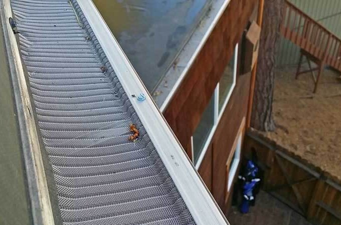 Close-up view of a stainless steel micro-mesh gutter guard on a roof, with small leaves caught in the mesh. A wooden house, windows, a fenced yard, and outdoor stairs are visible in the background. Same-day pickup available at Home Depot.