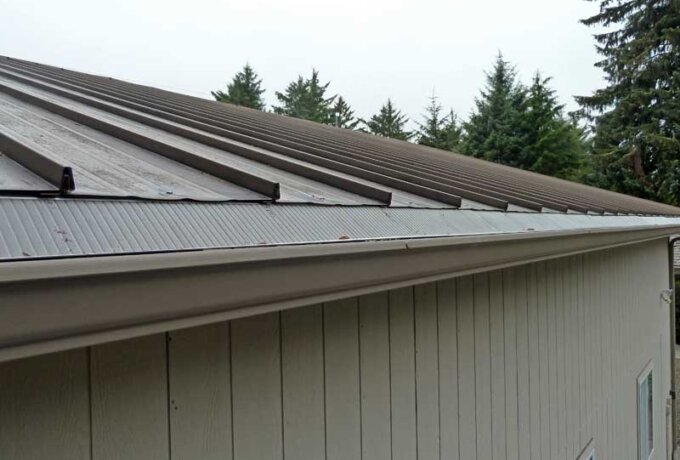 Close-up view of a metal roof featuring the stainless steel micro-mesh Gutter Guard by Gutterglove on the rain gutter, attached to a light-colored building, with evergreen trees in the background. Same-day pickup available.