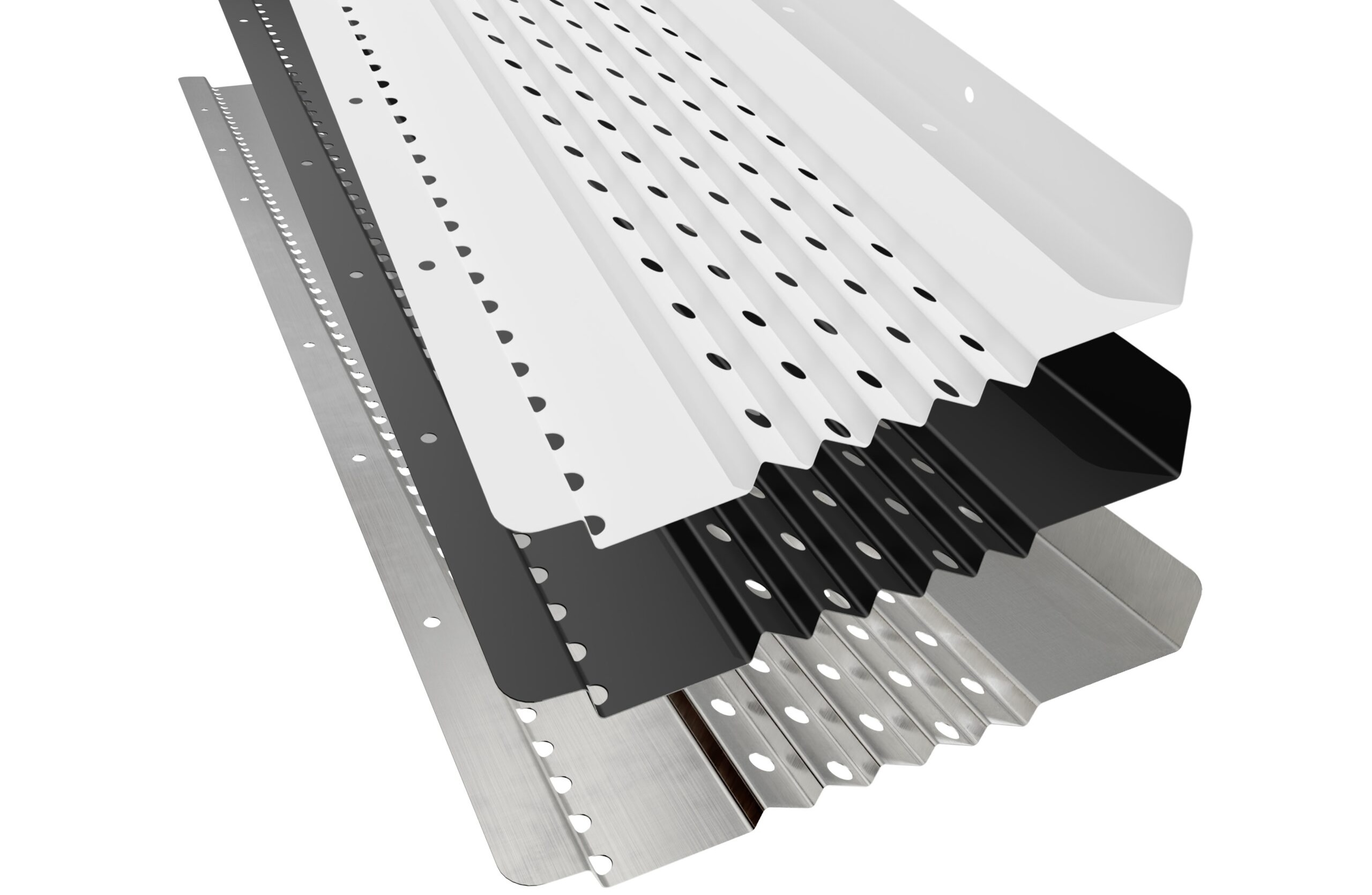 A stack of perforated metal gutter guards in different finishes, including white, black, and silver, displayed against a white background.