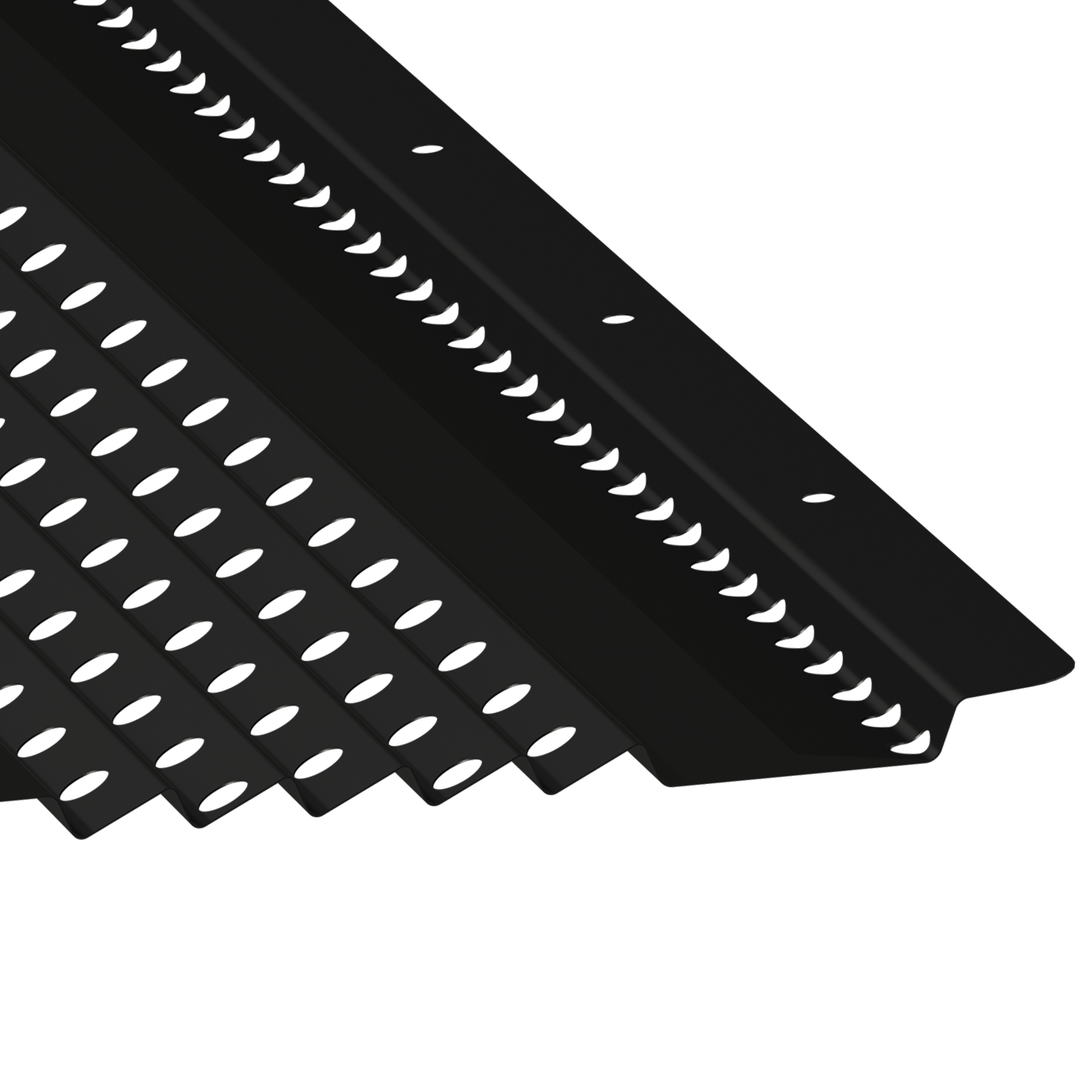 Black metal strip with evenly spaced oval holes and several screw holes along the edges, shown at an angle on a white background. The strip appears designed for ventilation or drainage purposes.