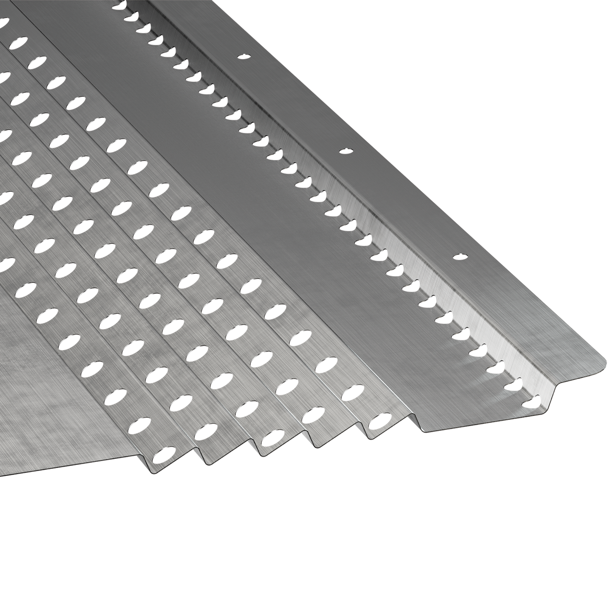 Four metal strips with evenly spaced, oval-shaped holes, arranged side by side at an angle on a white background. The strips have a brushed finish and are aligned with one edge slightly raised.