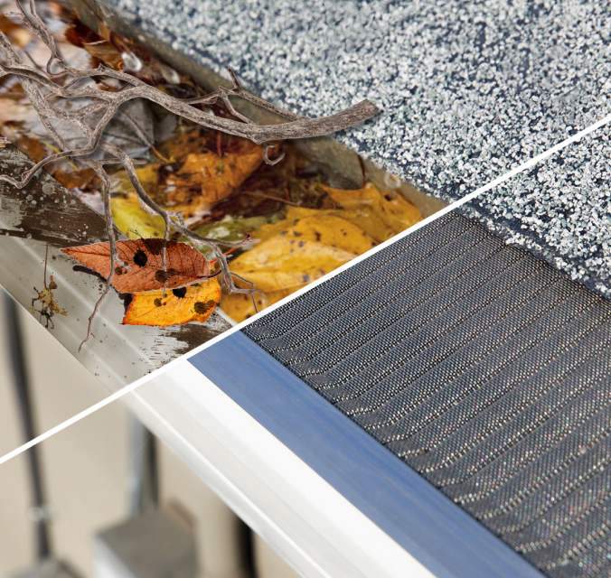 A split image of a house gutter: one side clogged with wet leaves and debris, the other side clean and covered with a protective gutter guard under a shingled roof.