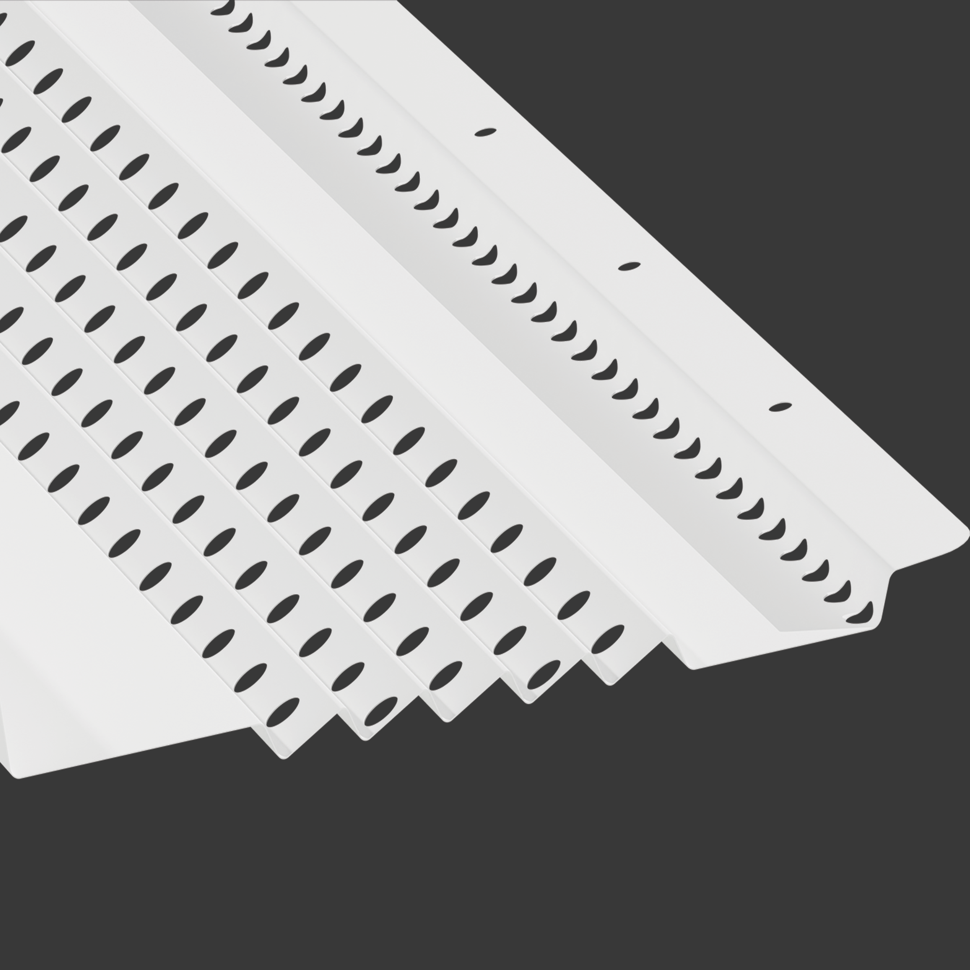 A close-up of white perforated metal siding panels with parallel rows of oval-shaped holes, laid side by side on a dark background.